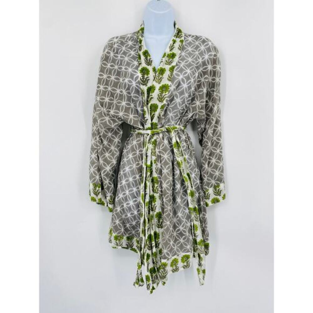 Pyjama gray‎ green block print cotton kimono robe